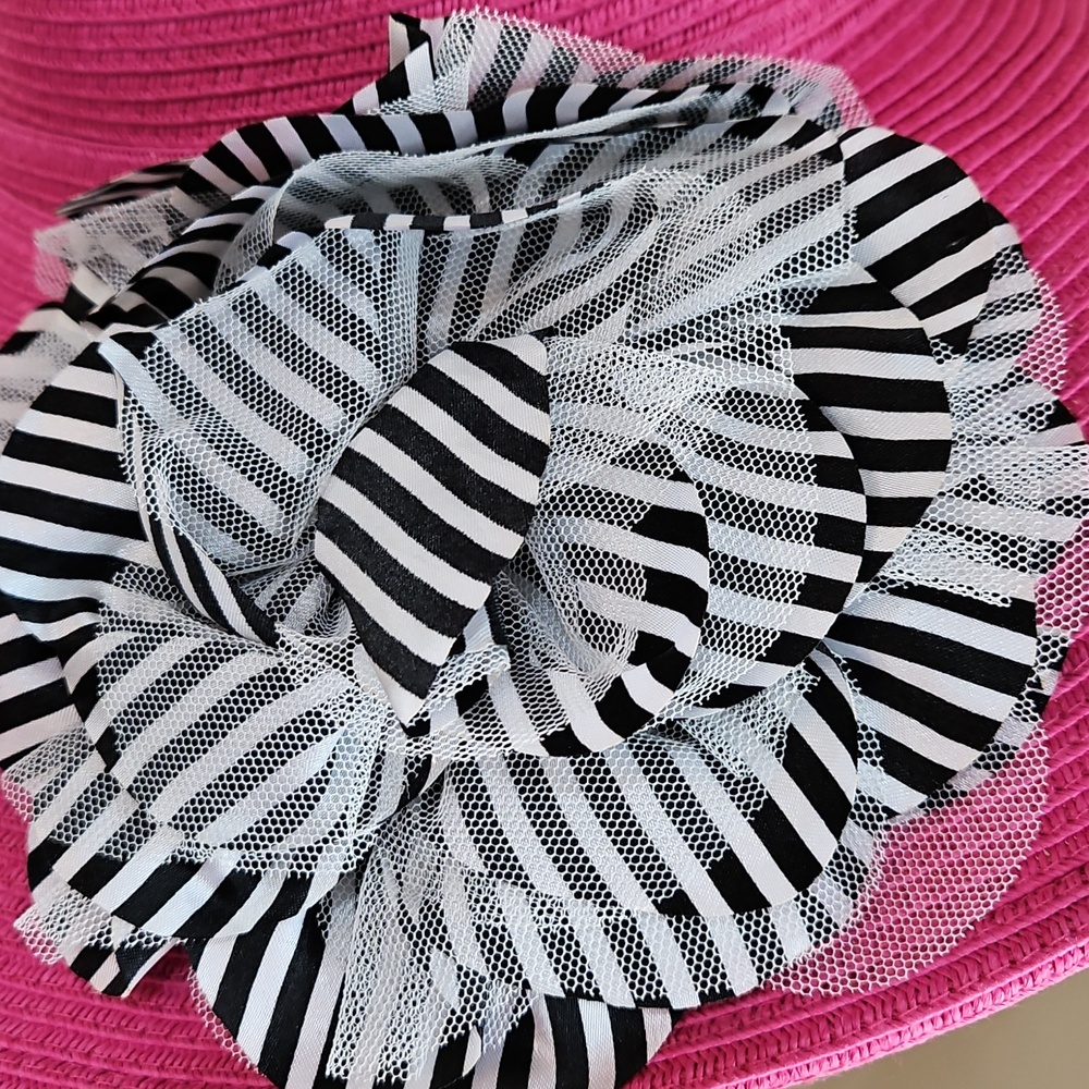Scala Pink w/Black White Flower On Side Tea Church Pool Floppy Hat - Picture 3 of 7